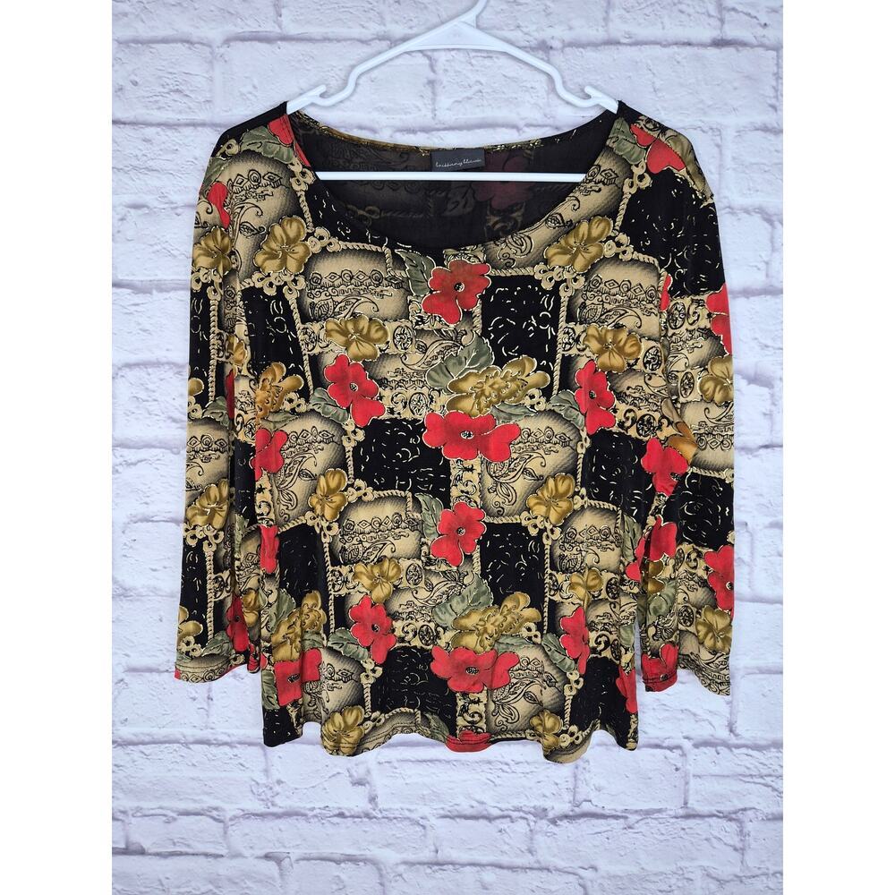 Vtg Y2K Brittany Black Floral Paisley Slinky Large Top Shimmer Whimsigoth vampy